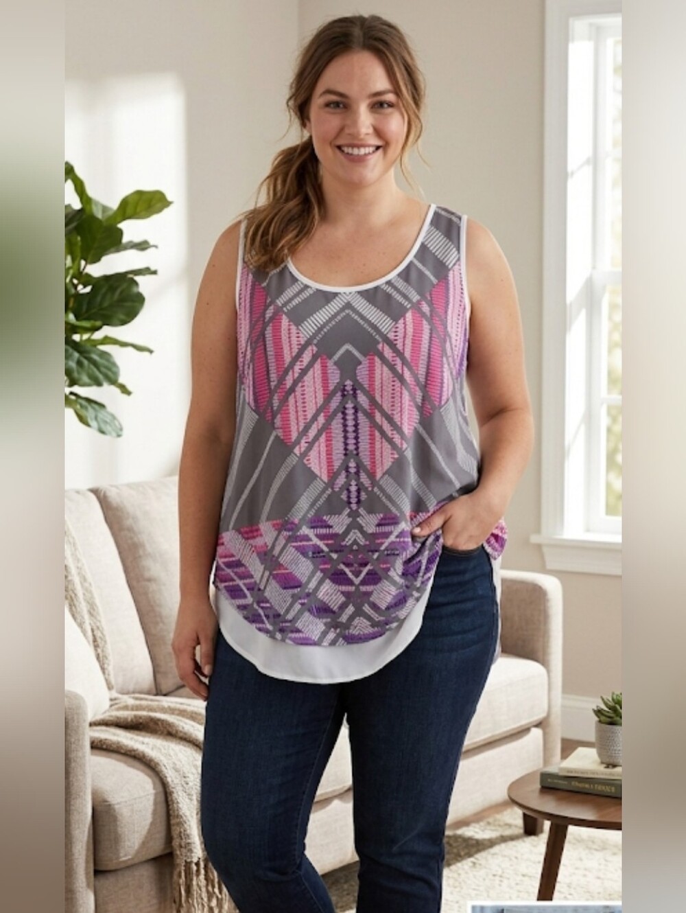 Ava &Viv Tank Top Sz 1X Pink/Gray/White